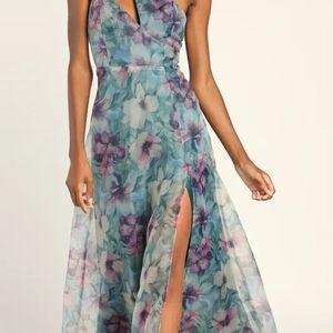 Lulu's Floral Teal and Lavender‎ Maxi Dress